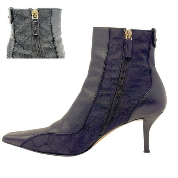 Gucci‎ Boots GG Logo Monogram Supreme Black Leather Canvas Ankle Boots Heels 9.5 - Picture 1 of 11